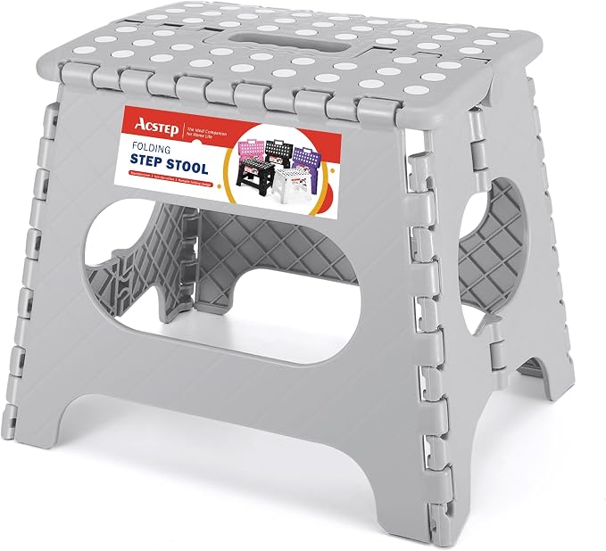 11" Folding Step Stool for Kids, Holds 300 lb Foldable Stools, Gray | Heavy Duty Collapsible Foot Stool, Lightweight with Built-in Handle, Non-Slip for Adults Kitchen Bathroom Bedroom Outdoor by ACSTEP