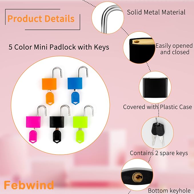 Febwind 5 Pcs Suitcase Locks, Multicolor, with Copper Keys | Mini Padlocks, Durable, For Suitcases Backpacks Boxes Cabinet Laptop Bags, Protect Your Belongings - Image 3