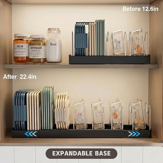 Magheo Expandable Food Storage Container Lid Organizers, 22" Pots and Pans Organizer Under Cabinet with 9 Adjustable Dividers Pot and Pan Lid Holders Rack Inside Cabinet(Black,1 Pack) - Image 3