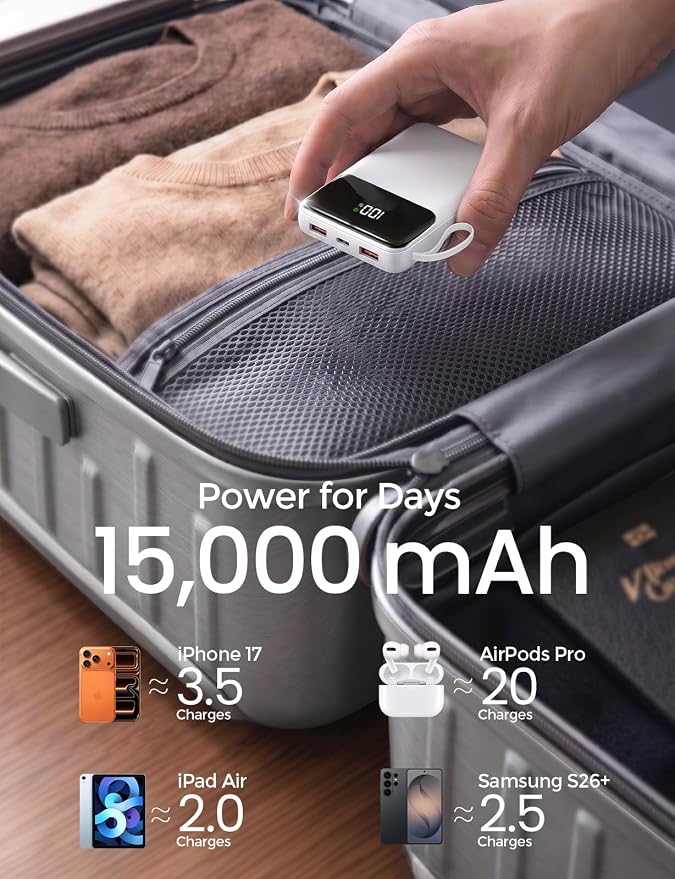 15000mAh Portable Charger Power Bank, Smaller Built-in 4 Cables White | 22.5W 50% More Capacity, 45% Smaller, Slim Travel Essential Battery Pack, 30-Min Fast Charge to 50% for iPhone/Samsung - Image 2