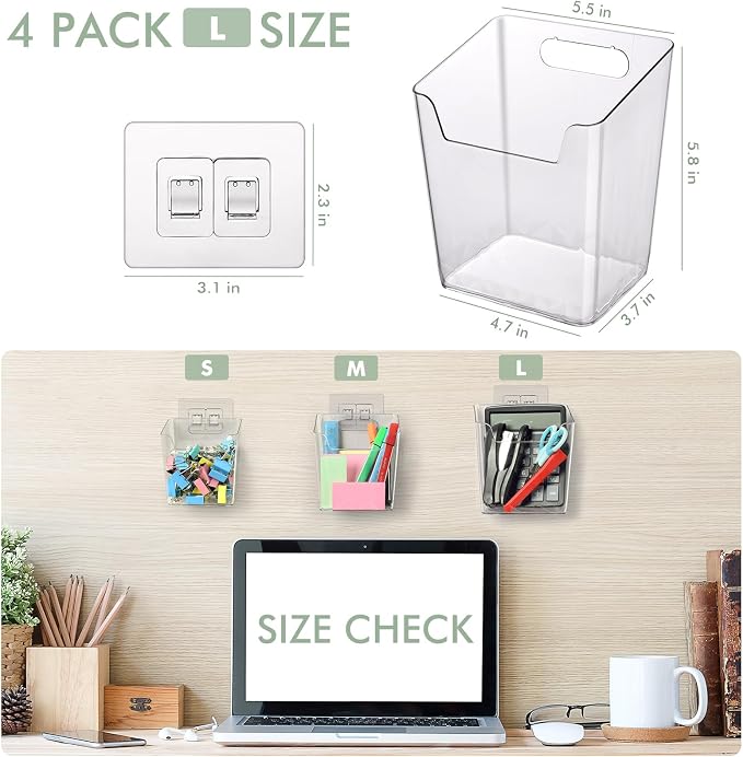 Clear Adhesive Wall Storage Bins, 4 Pack Cabinet Door Organizer Cups(Large) | Clear PET Hanging Wall Mount Pockets, Plastic Caddy for Shower Bathroom Makeup Office Craft Kitchen Sink RV Organization - Image 2