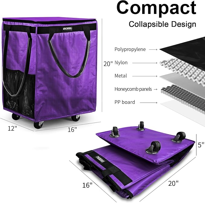 (Medium,Violet) Reusable Grocery Bag on Wheels, 70L Foldable Rolling Tote, Extra Storage for Shopping, Zipper Clouser Shopping Carts for Groceries, Laundry, Camping, Moving, 4 Heavy Duty Wheels | 70L Extra Storage for Shopping, Zipper Clouser Shopping ... - Image 4