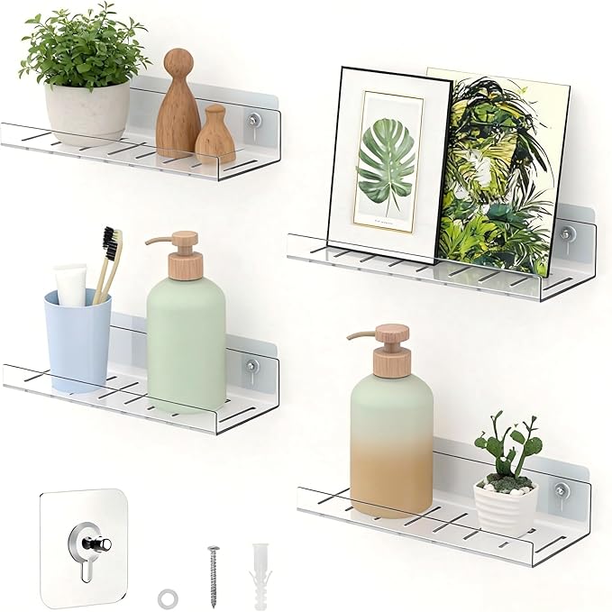 LAZYROSY 4 Pack Floating Shelves – Clear Acrylic/PET Wall-Mounted No Drill Storage with Adhesive, Invisible Bathroom & Bedroom Shelving for Kitchen, Living Room, Transparent Decor by Lazyrosy