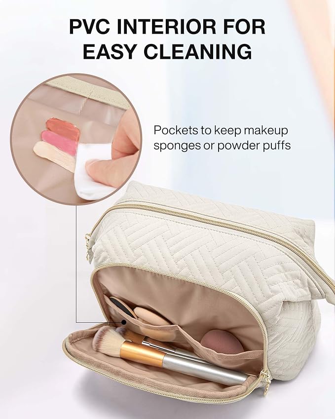 BAGSMART Travel Makeup Bag, Cosmetic Bag Small Make Up Organizer Case,Wide-open Pouch for Women Purse for Toiletries Accessories Brushes,Small Beige - Image 3