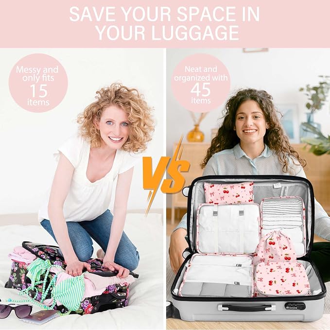 KPX 8 Set Packing Cubes for Travel, Luggage Packing Organizers Accessories Large Toiletries Bag for Clothes Shoes Cosmetics (8Set-Cherry & Bow) - Image 5
