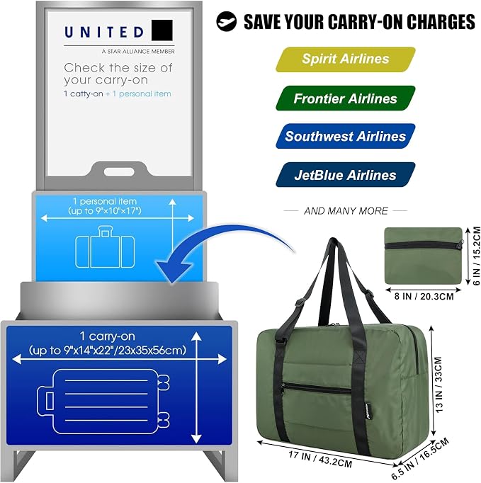 Duffle Bag for Travel Foldable Personal Item Travel Bag, 23L, Army Green | Carry On Duffel Bag Women Men Frontier Airlines Personal Item Bag Hospital Weekend Overnight Trips - Image 4
