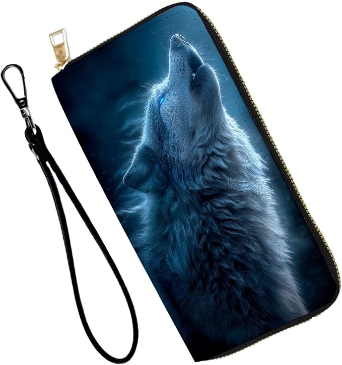 Women's RFID Blocking PU Leather Zip-Around Wallet, Large Capacity Clutch with Phone Holder, Travel Purse & Card Organizer with Removable Wristlet,Wolf by Unknown