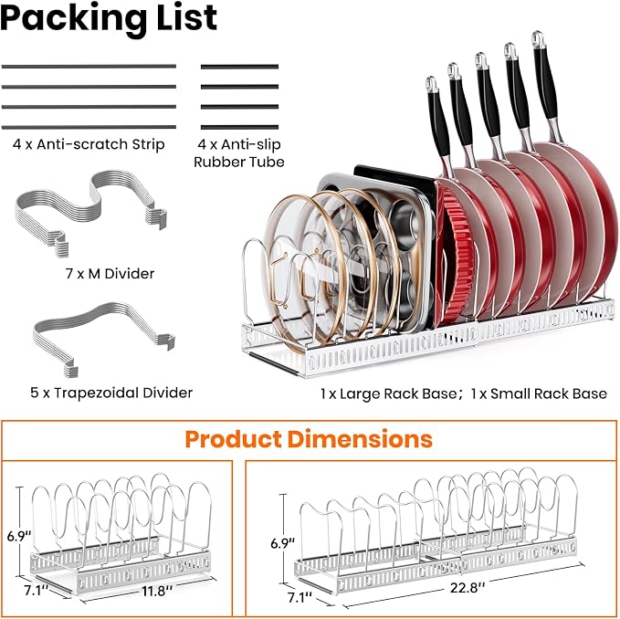 MUDEELA Expandable Pot Pan Lid Organizers inside Cabinet, 12 Divider-Silver | Expandable 11.8–22.9", 12 Adjustable Divider, Tool-Free Assembly, Non-Slip, Scratch-Proof, For Pan Lid Cutting Board Bakeware - Image 4