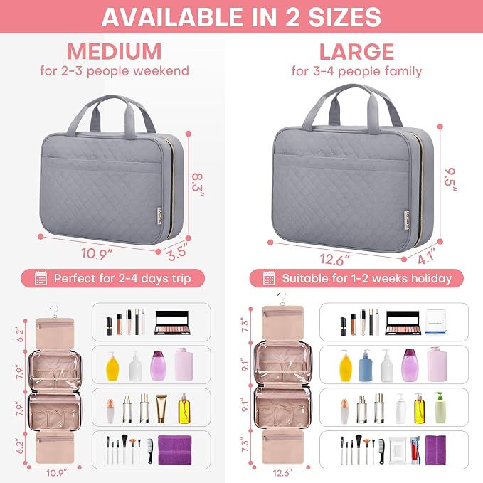 HXLGMD Travel Size Toiletry Bag for Women, Portable Cosmetic Bag with Hanging Hook, Travel Essentials Water-resistant Makeup Organizer for Accessories, Shampoo, Full-size Container, Toiletries - Image 2