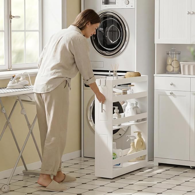 SoBuy 4 Tier Slim Rolling Cart with Wheels, Slim Storage Cart, White | Narrow Bathroom Storage Cabinet, Round Handle, Hidden Casters, 7.09" Gap Cart For Kitchen, Bathroom & Laundry - Image 8