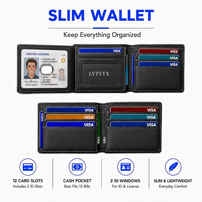Wallet for Men Slim RFID Blocking Genuine Leather Bifold Mens Wallet | Front Pocket Credit Card Holder with 2 ID Windows, Holds 12 Cards & Cash Minimalist Thin Wallet, Gifts for Men - Image 4