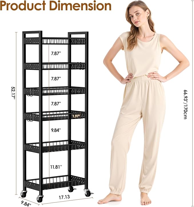 6 Tier Slim Storage Cart, Narrow Rolling Cart with Wheels, 10in(W) | Narrow Mobile Utility Shelf Unit Organizer for Kitchen, Bathroom, Laundry Room, Living Room, Small Places, Black - Image 2