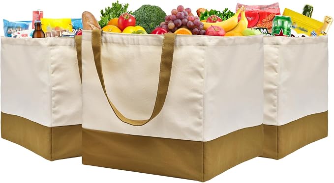 3 Pack Canvas Reusable Grocery Bags Heavy Duty, 8.3 gal Foldable Large Tote Bag with Handles, Holds 60 lbs Canvas Shopping Bags & Washable Eco-friendly Bags with 5 Pockets, camel+Off white by CNaiyunpin