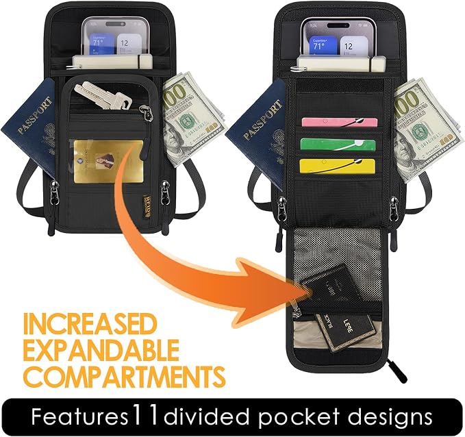 Travel Neck Wallet RFID Blocking – Hidden Passport Holder & Anti-Theft Money Pouch for Men & Women, Lightweight Concealed Undergarment Organizer with Adjustable Strap, Secure Document Holder - Image 2