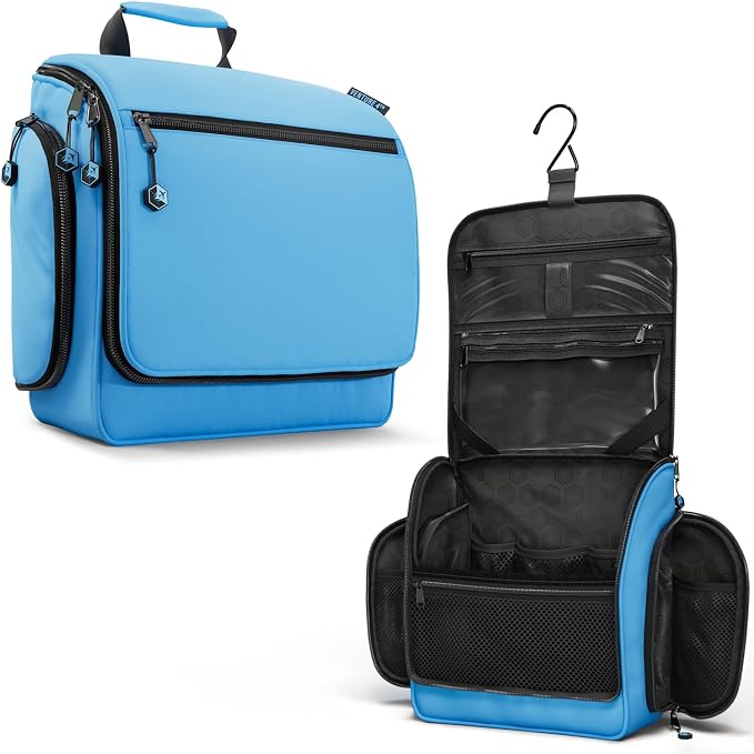 VENTURE 4TH Hanging Travel Toiletry Bag, 18 Compartments - Light Blue | Hangs on rails, hooks or doors; stands upright. Removable TSA pouch. Water-resistant Nylon 290D Twill, reinforced stitching. by VENTURE4TH