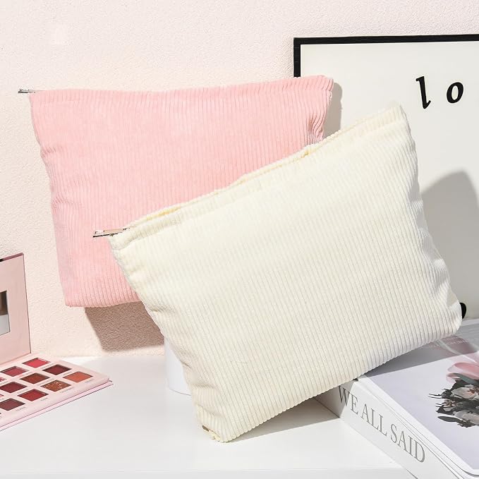 SOIDRAM 2 Pieces Corduroy Makeup Bag Large Corduroy Cosmetic Bag Capacity Canvas Travel Toiletry Bag Organizer Cute Makeup Brushes Aesthetic Accessories Storage Bag for Women, Corduroy L White Pink - Image 4