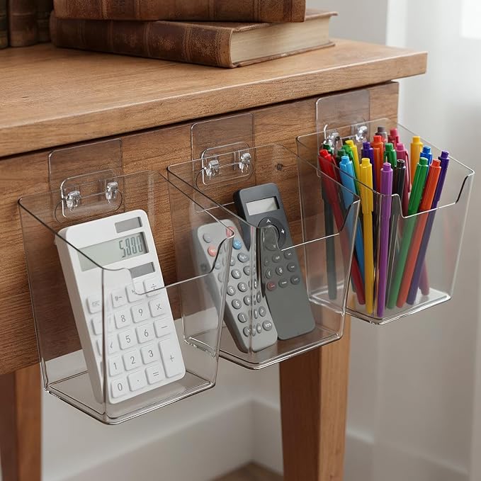 6 Pcs Clear Adhesive Wall Storage Bins, Small Cabinet Door Organizer Holders, Hanging Wall Mount Pockets, Plastic Cups for Shower Bathroom Makeup Office Craft Remote Kitchen Sink RV Organization - Image 4