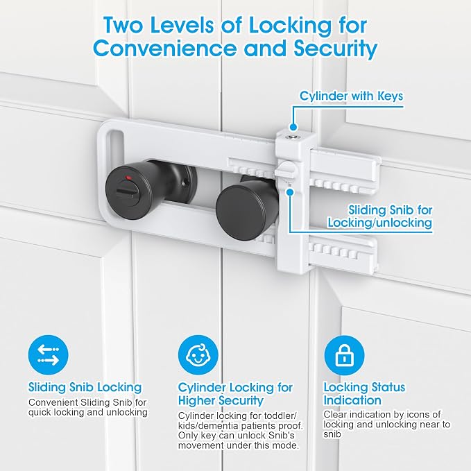 AST Childproof Double Door Security Lock, Adjustable Keyed French Door Lock | Lockout device for knobs and handles of double doors, prevent kick ins, Kids proof barricade, bigger adjustment, matte white - Image 3