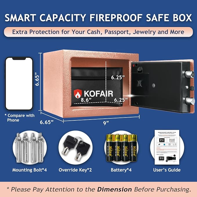 KOFAIR Safe Box for Home Safe (0.23 Cubic Feet) with Fireproof Bag, Personal Money Safey for Cash Saving, Mini Safey with Key, Digital Safety Box with Light, Money Lock Box (Gold Khaki) - Image 4
