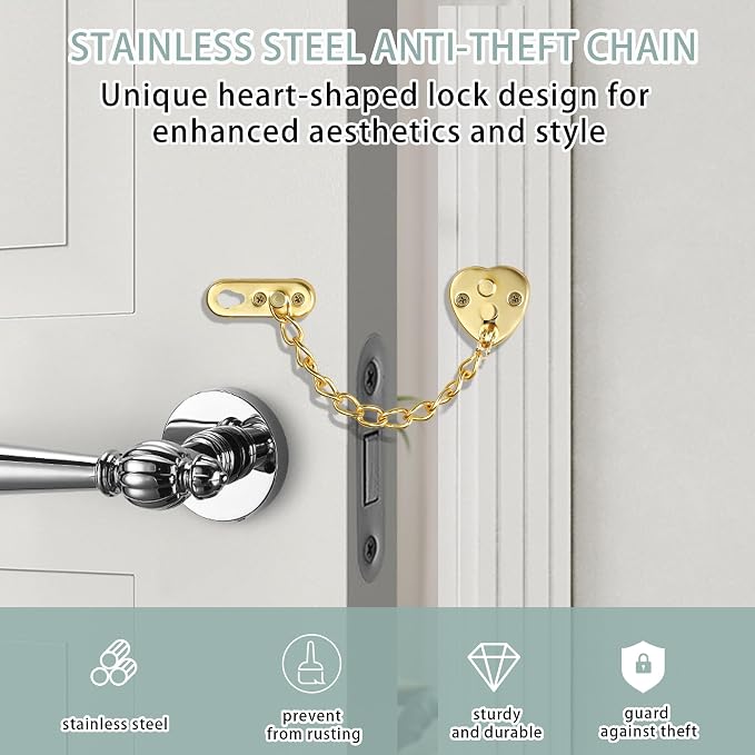 Alise Door Chain Lock, Gold Adjustable Child Proof Security Door Lock for Apartment | Stainless Steel Chain Door Lock,Heart-Shaped Design Press-To-Unlock, Heavy Duty Chain Lock For Bedroom & Travel - Image 4