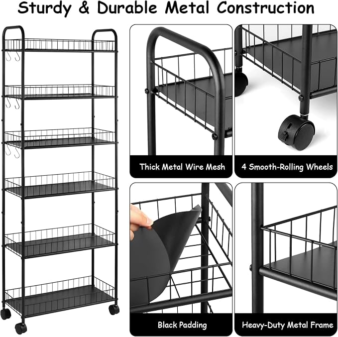 6-Tier Slim Rolling Storage Cart with Wheels, Tall Narrow Storage Shelves for Small Spaces, Metal Utility Cart Mobile Shelving Unit on Wheels for Kitchen, Bathroom, Office - Image 5