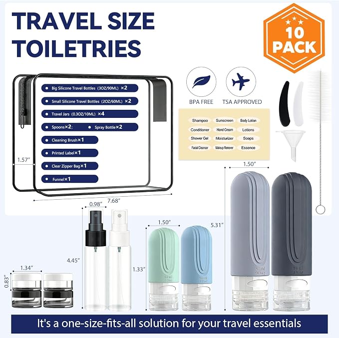 Travel Bottles for Toiletries 10 Pack, TSA Approved Travel Size Toiletries Essentials Containers Set, Leak Proof Silicone Bottles Kit, Refillable Liquid & Creams Accessories (GRAY) - Image 3