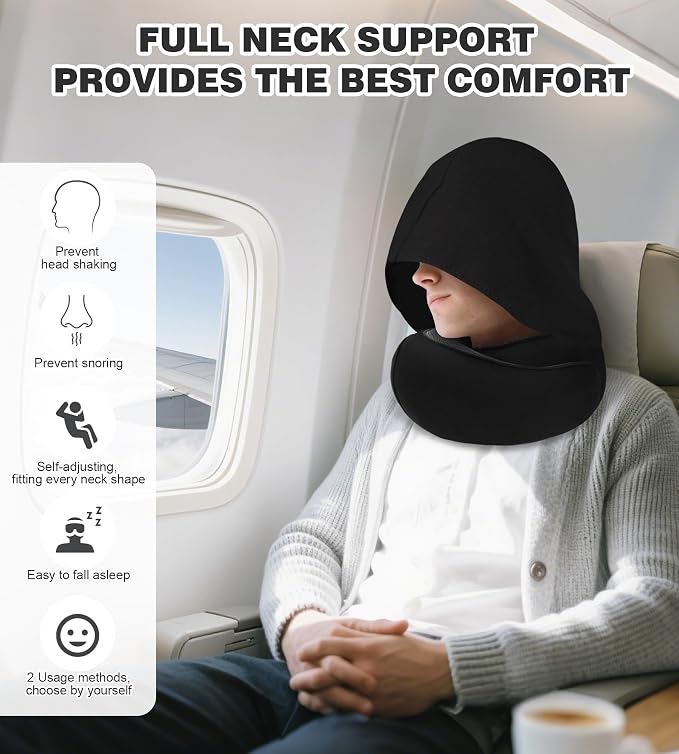 Travel Neck Pillow, Newly Upgraded Hooded Neck Pillow, 100% Pure Memory Foam Travel Pillow for Flight Headrest Sleep,Portable Aircraft Accessory,Suitable for use in Plane/Car/Office(Black) - Image 6