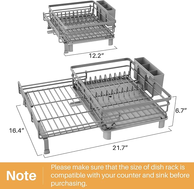 SNTD Expandable Dish Drying Rack for Kitchen Counter, Stainless Steel, Grey | Foldable Over Sink, Large Capacity, Adjust to Fit Most Sinks, Angled Drainboard, Removable Utensil Holder, Slip Resistant - Image 2