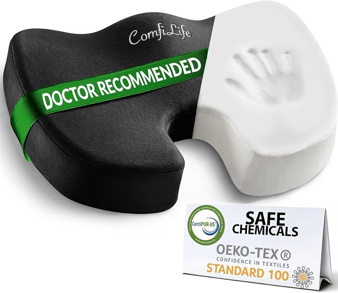 ComfiLife Premium Comfort Seat Cushion - Non-Slip Orthopedic 100% Memory Foam Coccyx Cushion for Tailbone Pain - Cushion for Office Chair Car Seat - Back Pain & Sciatica Relief (Black) by ComfiLife