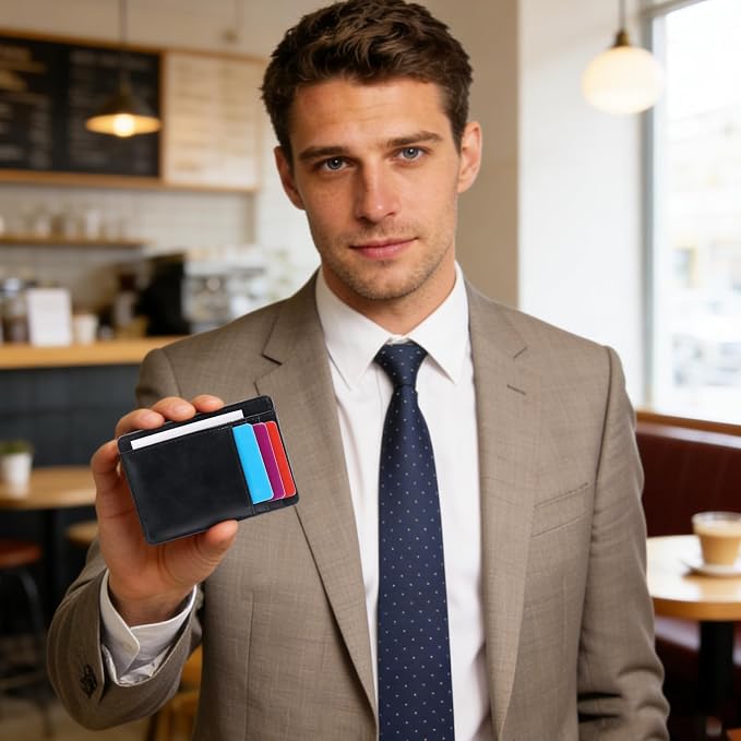 RFID Slim Wallet for Men, Thin Card Holder with ID Window, Minimalist PU Leather Front Pocket Wallets for Storing Cards Checks Cash (Coffee) - Image 6