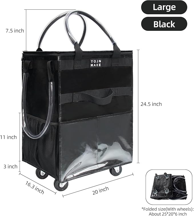 Reusable Grocery Bag with Wheels, Large Black Rolling Tote | 8 Pockets, Zipper Cover, Foldable for Women, Kitchen, Travel, Carries Up to 76LBS - Image 2