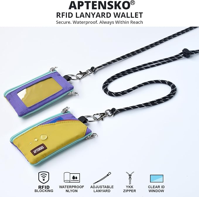 RFID Blocking Travel Wallet with Adjustable Lanyard, Small Nylon Zipper Pouch and Badge Holder for ID, Credit Cards, Cash, Keys, Commuters (DarkYellow+Violet) - Image 2