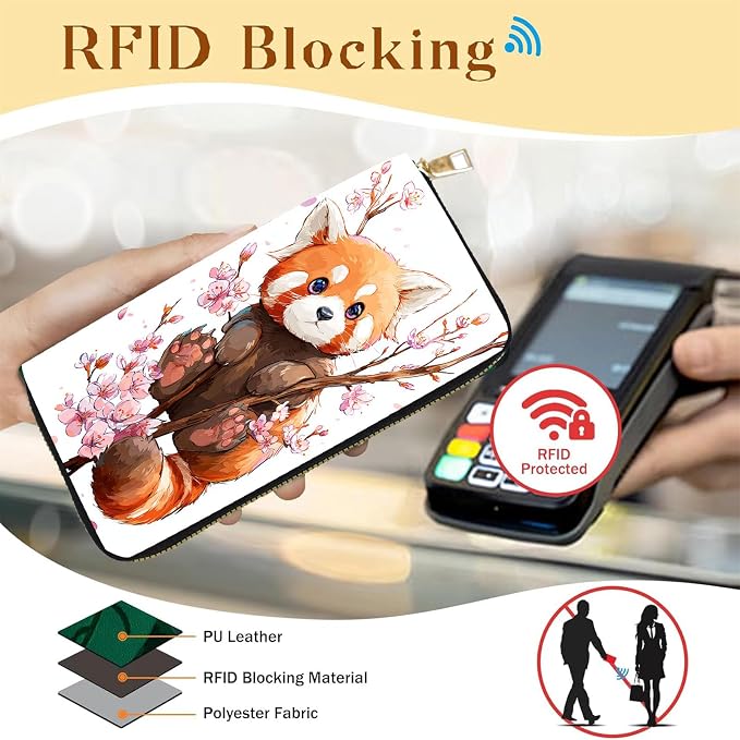 Women's RFID Blocking PU Leather Zip-Around Wallet, Large Capacity Clutch with Phone Holder, Travel Purse & Card Organizer with Removable Wristlet,Cherry Blossom Raccoon - Image 2