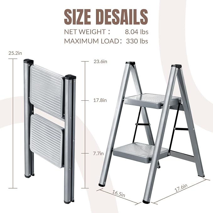 2 Step Ladder, Steel Folding Step Stool with 330lbs Heavy Duty | Anti-Slip Wide Pedal | 1.9" Slim Fold | Ideal for Bathroom Sink, Bed Step Stool, Kitchen Counter & Plant Shelf Display - Image 2