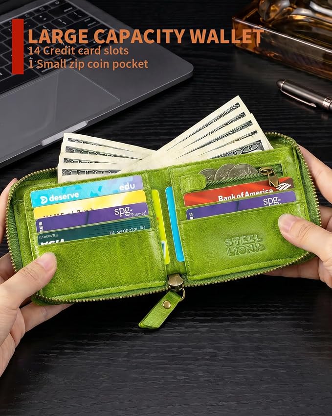 Men's Leather RFID Wallet with Zipper, 14 Card Slots, ID Window | Zippered coin pocket separates loose change; organized for commuting and everyday carry (Green) - Image 5