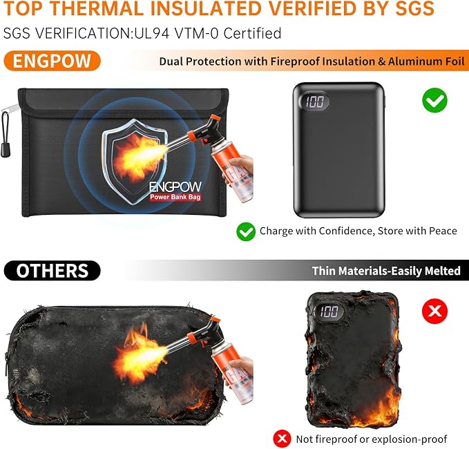 ENGPOW Fireproof Organizer Travel Safe Bag, Portable Electronic Carry Case | Heat Insulated＆Explosion-Proof, Home Travel Storage for Power Bank,Phone,Cables,USB Drive,Charging Protection, 2 Pack, Black - Image 3