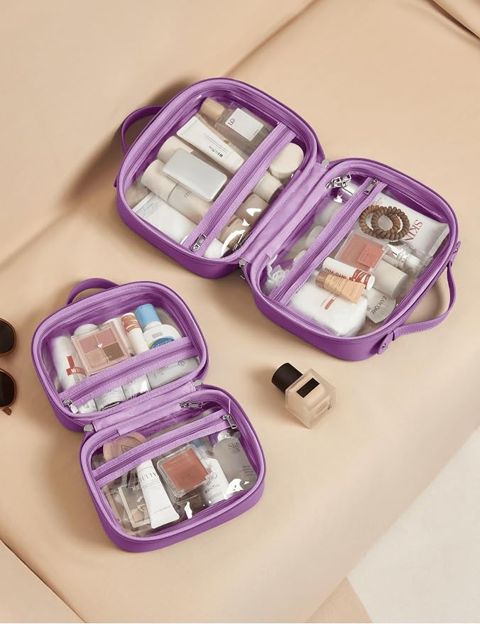 Clear Cosmetic Bag Double Layer Travel Toiletry Bag Clear Makeup Bag Case with 4 Compartments, Transparent Travel Bag for Toiletries, Large Toiletry Bag for Women Cosmetic Case (Purple, Large) - Image 7