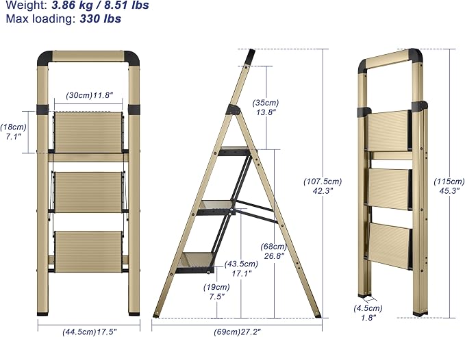 Step Ladder 3-Step Champagne Finish Aluminum Folding Ladders | Anti-slip Sturdy Foldable Ladder Step Stool for Kitchen Home Office Libaray - Image 2