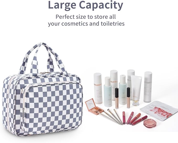 Narwey Hanging Toiletry Bag for Women Travel Makeup Bag Organizer Toiletries Bag for Travel Size Essentials Accessories Cosmetics (Grayish Blue Checkerboard (Medium)) - Image 7