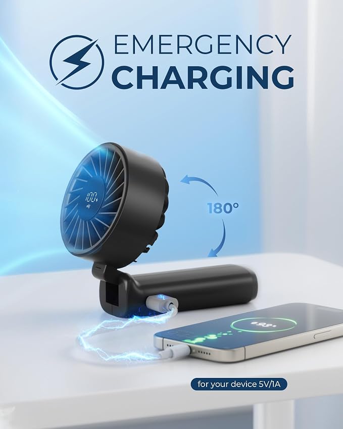 Peiyuu Handheld Fan, Portable Fan, 4000mAh Rechargeable Personal, 180° Foldable Mini Desk Fan with 6 Wind Speed, LCD Digital Display, Lanyard as Neck, Ultra Quiet, Pocket Size for Indoor Outdoor - Image 4