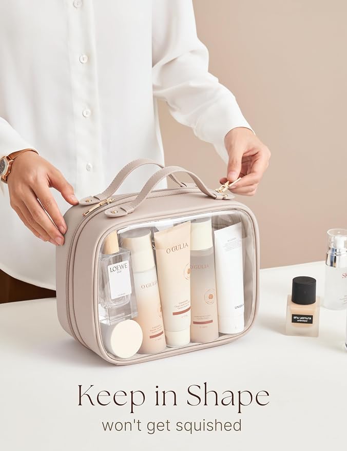 Clear Cosmetic Bag Double Layer Travel Toiletry Bag Clear Makeup Bag Case with 4 Compartments, Transparent Travel Bag for Toiletries, Large Toiletry Bag for Women Cosmetic Case (Taupe, Large) - Image 8