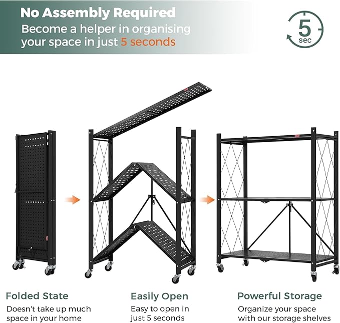 DEANIC 3 Tier Foldable Storage Shelves with Wheels, Kitchen Appliance Stand, Freestanding Metal Wire Shelf Rack, No Assembly Organizer Rolling Cart for Garage, Basement, Pantry (Black) - Image 6
