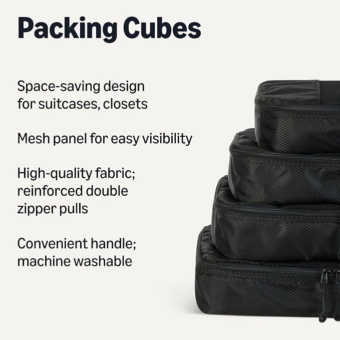 Amazon Essentials 4-Piece Packing Cubes Travel Accessories Set, Luggage Organizer with Double Zipper, Mesh Top, Space-Saving, Medium, Black (Previously Amazon Basics) - Image 2