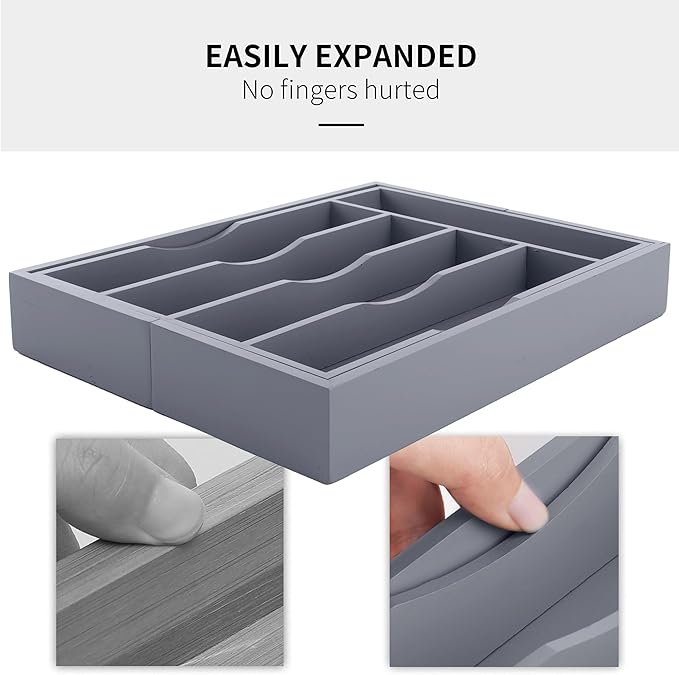 Expandable Bamboo Kitchen Drawer Organizer for Cutlery and Utensils, Adjustable Bamboo Wood Cutlery Tray in Drawer for Flatware and Silverware in Kitchen, (Grey) - Image 6