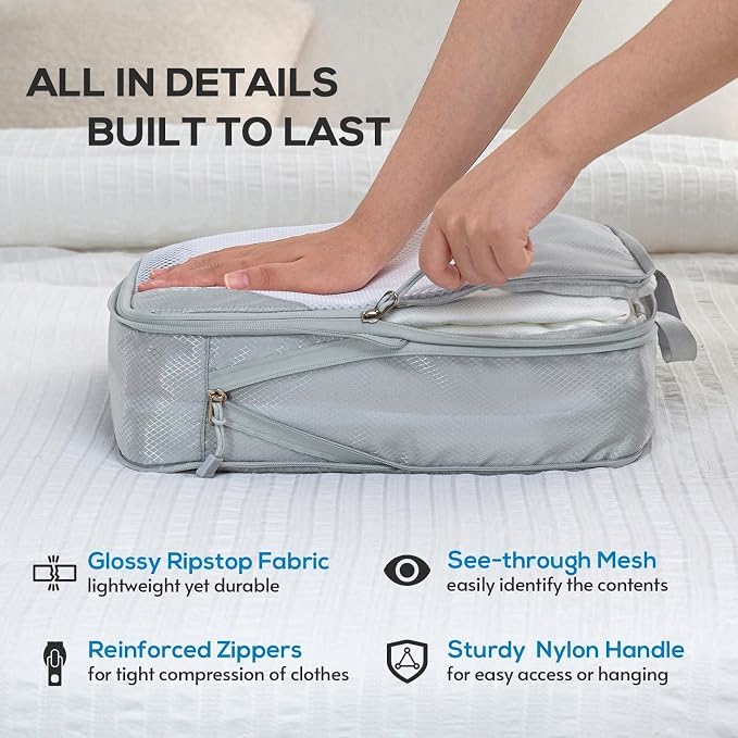 Compression Packing Cubes, 7 Set Packing Cubes for Travel Compression, Lightweight Compressible Package Organizer for Carry On and Suitcases, Light Grey - Image 3