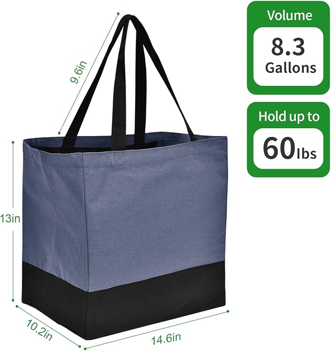Canvas Reusable Grocery Bags Heavy Duty, 8.3 gal Foldable Large Tote Bag with Handles, Holds 60 lbs Canvas Shopping Bags, 3 Pack - Image 2