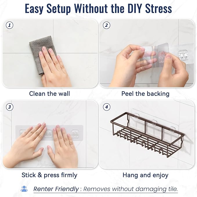 8 Pack Adhesive Rustproof Shower Caddy with Soap Dishes, Toothbrush Holder & Hooks, Large Capacity No-Drilling Shower Shelves Rack for Bathroom Organizers and Storage Accessories, Brown - Image 6