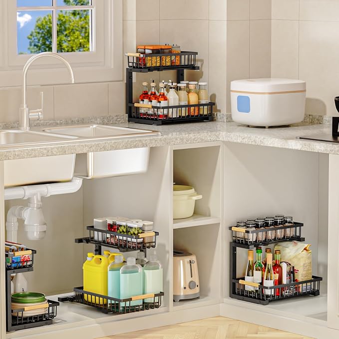 2Pcs Under Sink Organizer, 2-Tier Pull Out Under Sink Organizers and Storage, Adjustable Metal Under Cabinet Organizer Shelf, Bathroom Organizer, Sliding Out Drawer for Kitchen Pantry Black - Image 7
