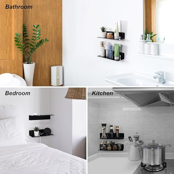 OAPRIRE Acrylic Floating Wall Shelves Black, Damage Free, 12 Inch 2 Pack | Strong Tape Adhesive Wall Shelf No Drill, Easy Installation, Hole Design with Cable Clips, Small Spaces Bedroom Bathroom - Image 3
