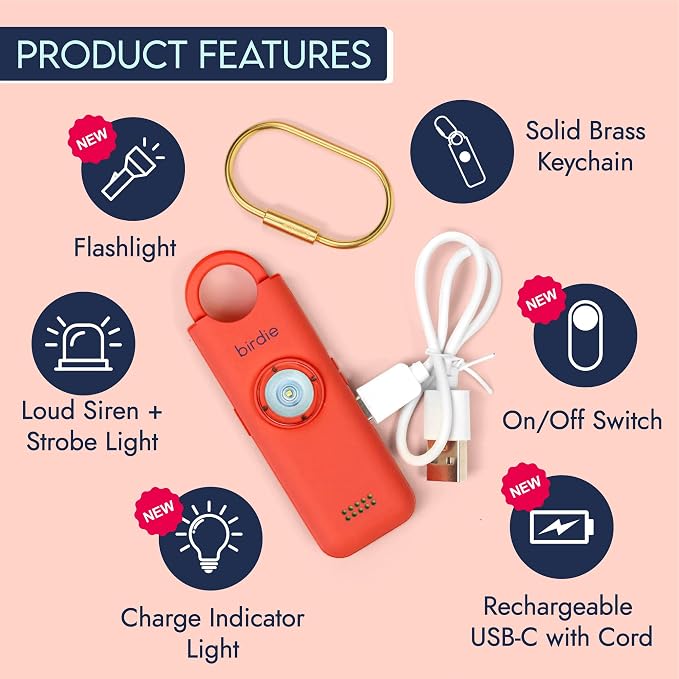 She’s Birdie 3.0 New Version – The Original Personal Safety Alarm for Women by Women–Loud Siren, Flash Light and Rechargeable Battery in a Variety of Colors (Coral Orange) - Image 3